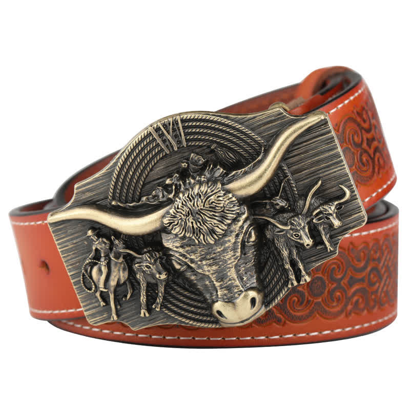 Herrengürtel aus Leder mit Longhorn-Bull-Prägung - Orange / Bronze - 46 - image 13