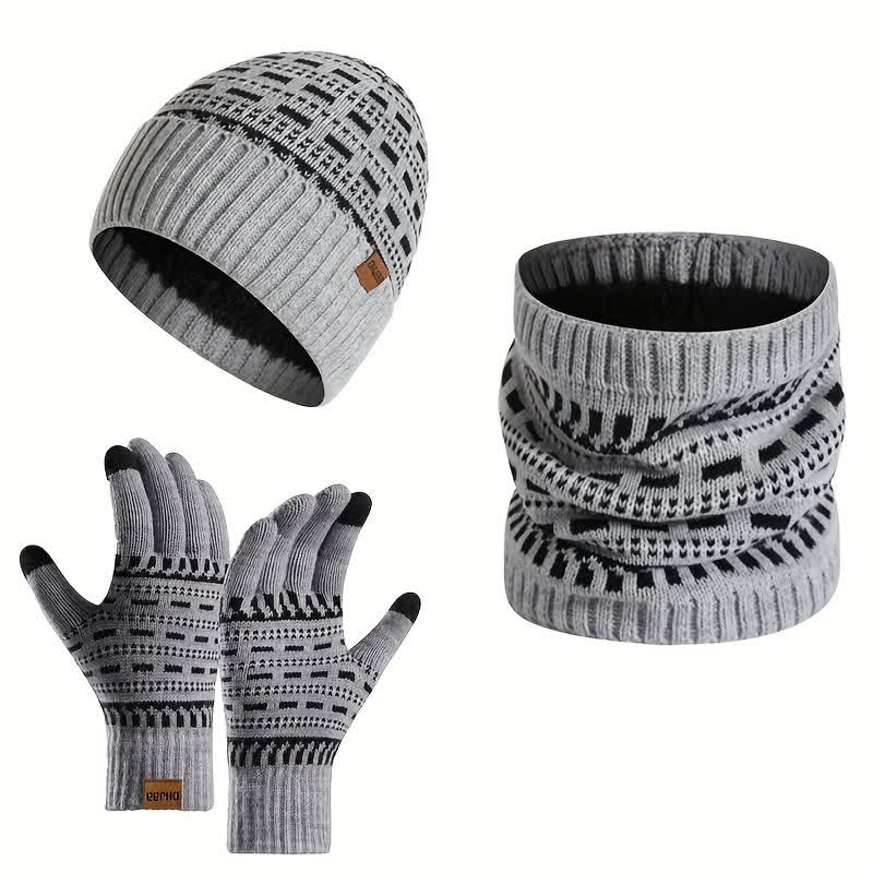 3-tlg. Set aus lockerer, doppellagiger Strickmütze, Schal und Handschuhen