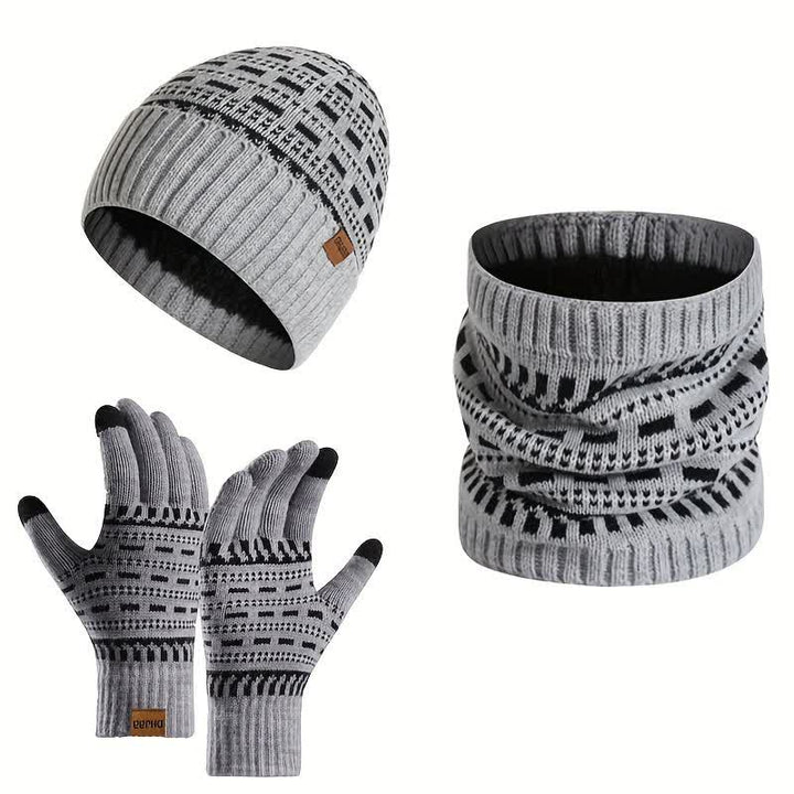 3-tlg. Set aus lockerer, doppellagiger Strickmütze, Schal und Handschuhen