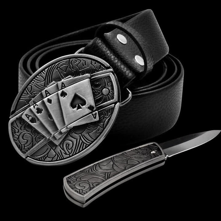 Herren Poker 4 Ace Ledergürtel mit Klappmesser