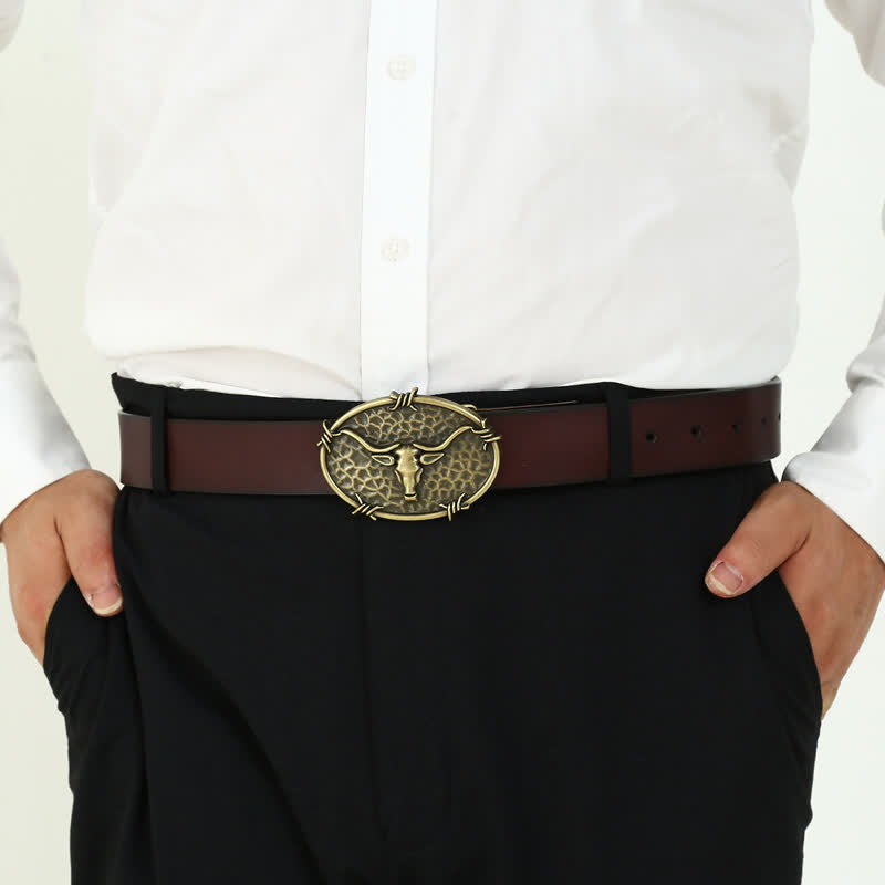 Herren DIY Cowboy Bullenkopf gehämmerte Schnalle Ledergürtel