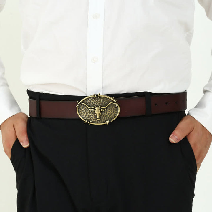 Herren DIY Cowboy Bullenkopf gehämmerte Schnalle Ledergürtel