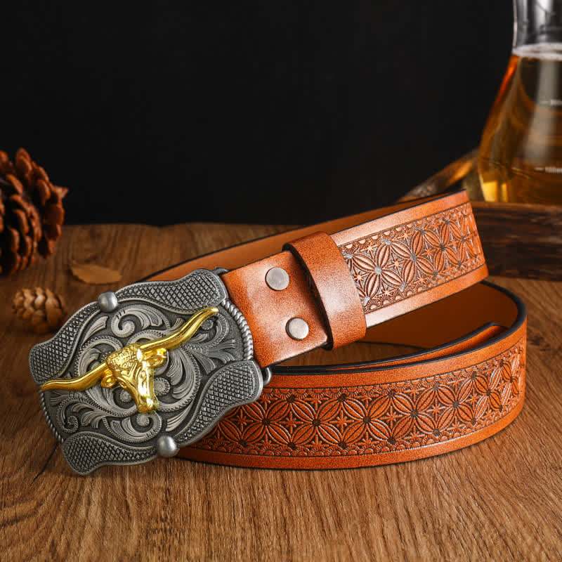 Herren quadratischer Gürtel aus goldenem Longhorn-Bullenleder