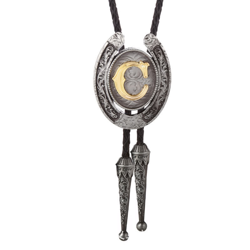 Moderne Western-Hufeisen Anfänglicher Buchstabe A bis Z Bolo Tie - Silber - C - image 32