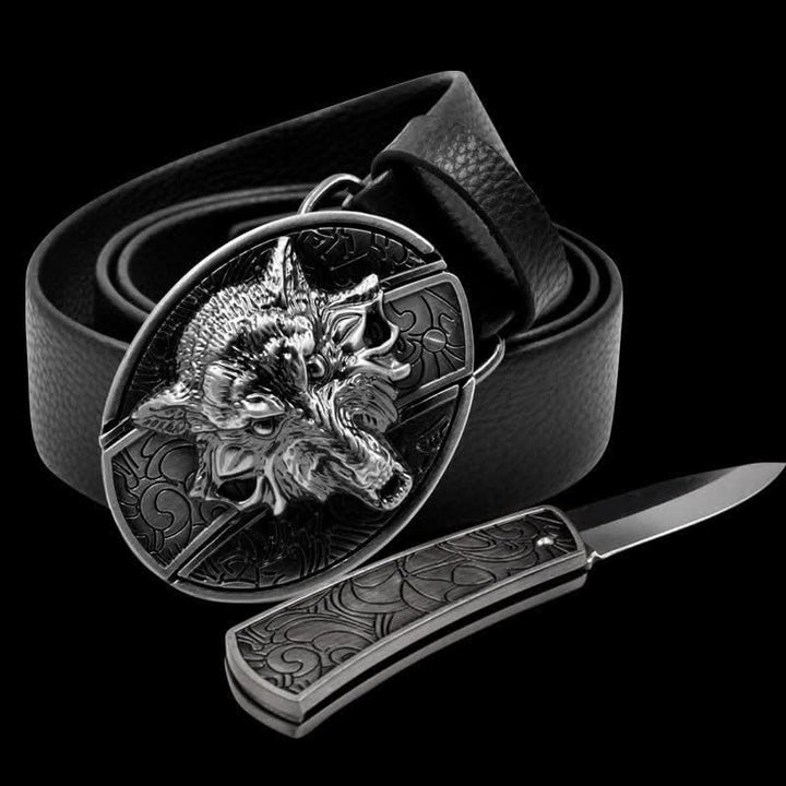 Herren-Ledergürtel „Fierce Wolf“ mit Klappmesser