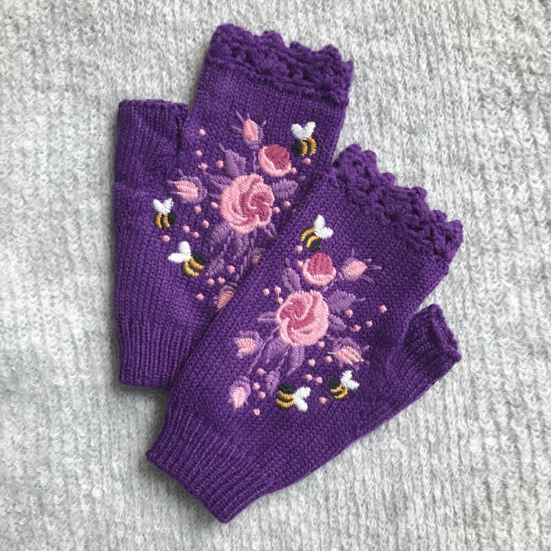 Damen Halbfinger-Strickhandschuhe mit Blumenstickerei
