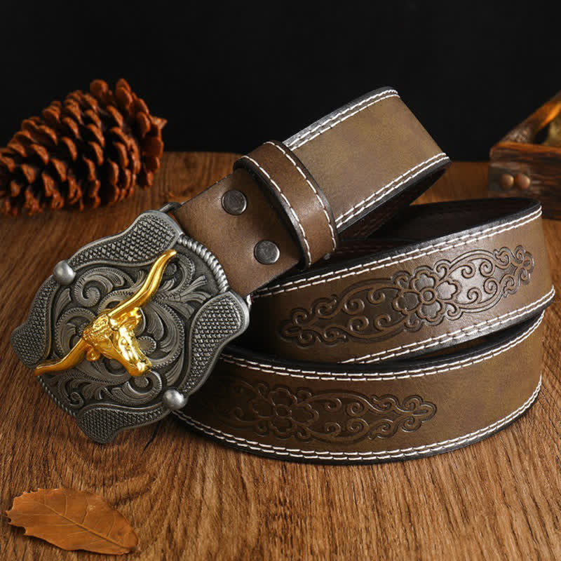 Herren quadratischer Gürtel aus goldenem Longhorn-Bullenleder