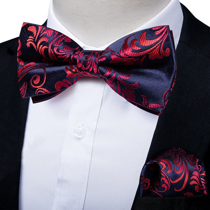 2er Pack Rote &amp; Marineblaue Blumen Fliege und Einstecktuch Set für Herren