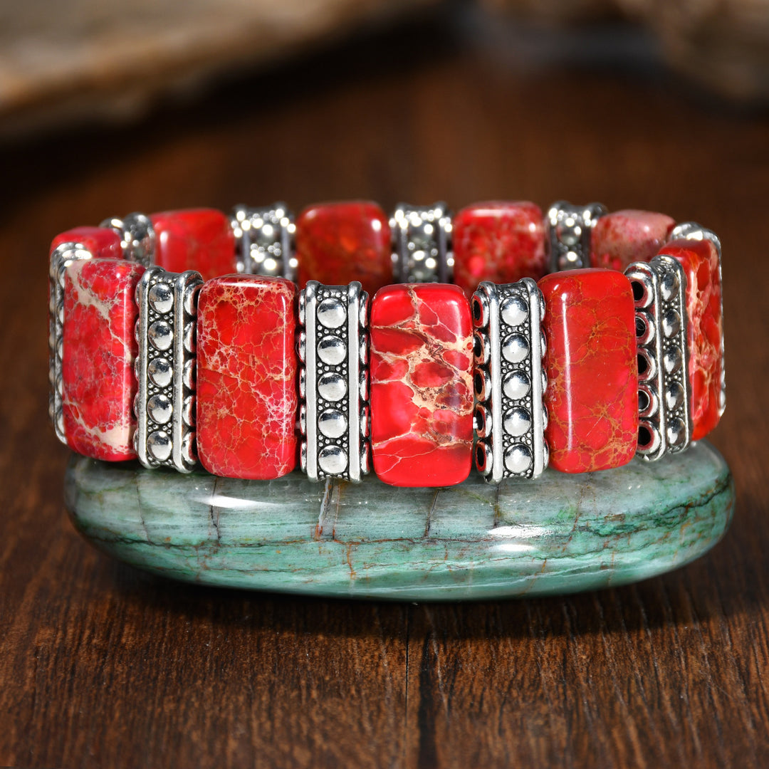 Vintage Boho Rechteckiges Kaiserstein-Armband in Silberoptik mit Stretch-Einsatz - Rot - image 5