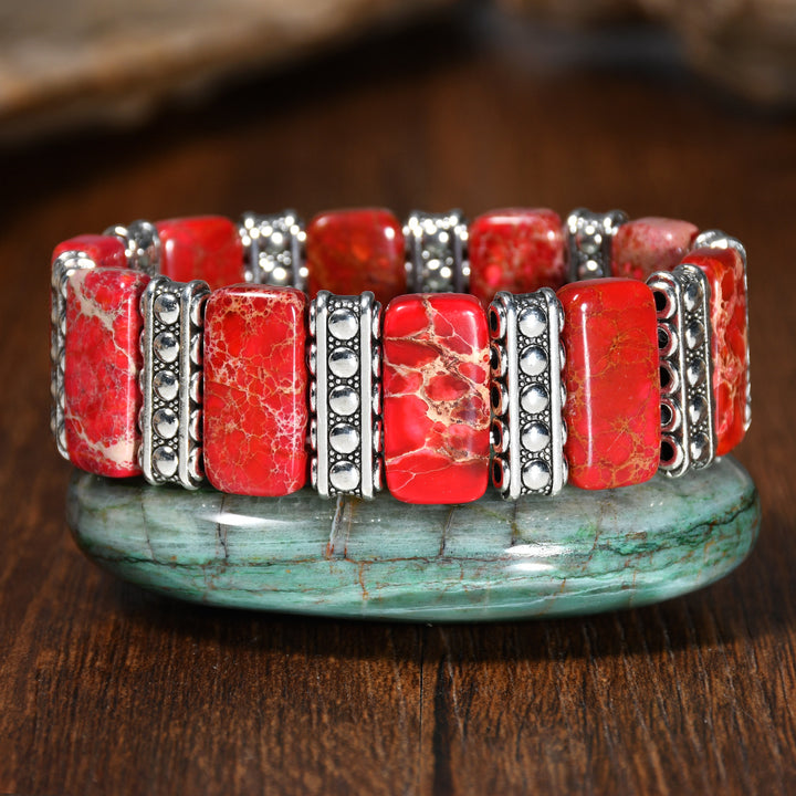 Vintage Boho Rechteckiges Kaiserstein-Armband in Silberoptik mit Stretch-Einsatz - Rot - image 5