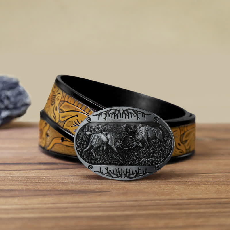 Herren DIY Wild Fighting Deer Schnalle Western Leder Gürtel