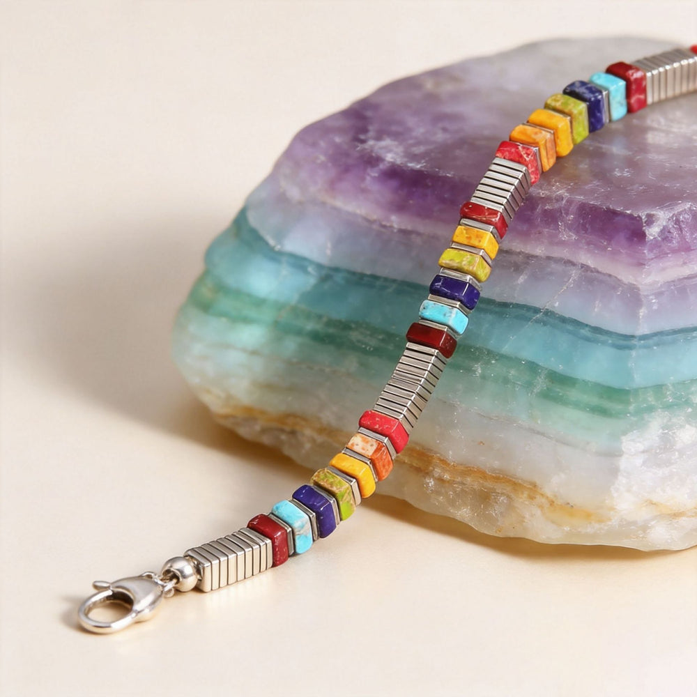 Vintage Boho Rechteckiges Mehrfarbiges Kaiserstein-Silberfarbenes Gliederarmband - image 1