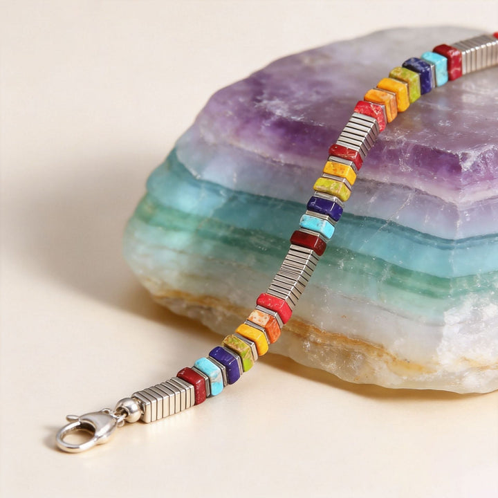 Vintage Boho Rechteckiges Mehrfarbiges Kaiserstein-Silberfarbenes Gliederarmband - image 1