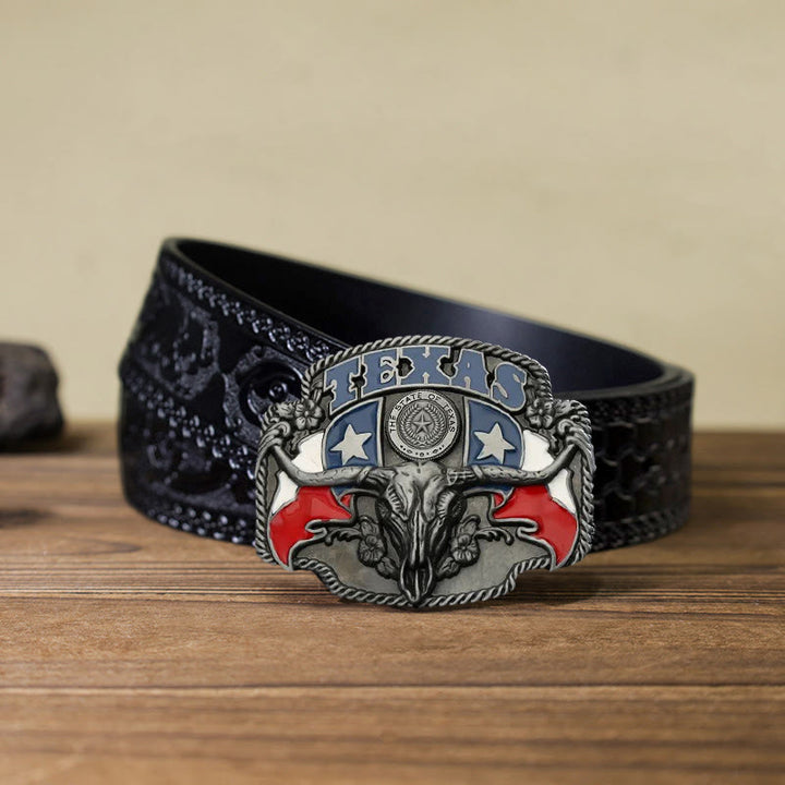 Herren DIY Texas-Flagge Langhorn-Stier Schnallenledergürtel