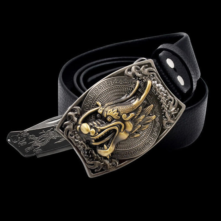 Goldener Drachenkopf-Ledergürtel für Herren mit Klappmesser