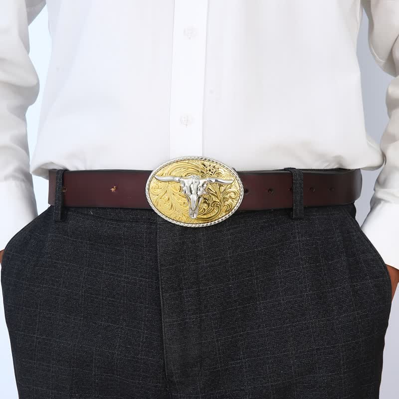 DIY glänzender goldener Stierkopfschnallen-Ledergürtel für Herren