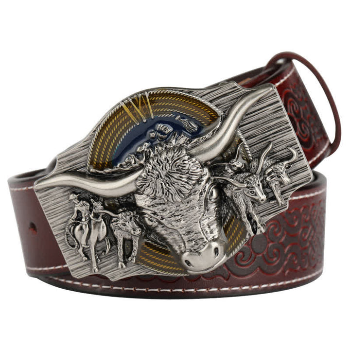 Herrengürtel aus Leder mit Longhorn-Bull-Prägung - Braun / Silber - 46 - image 8