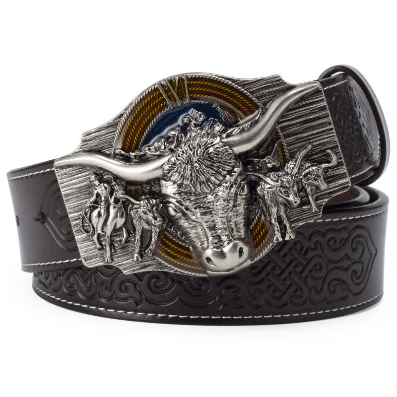 Herrengürtel aus Leder mit Longhorn-Bull-Prägung - Kaffee / Silber - 46 - image 7