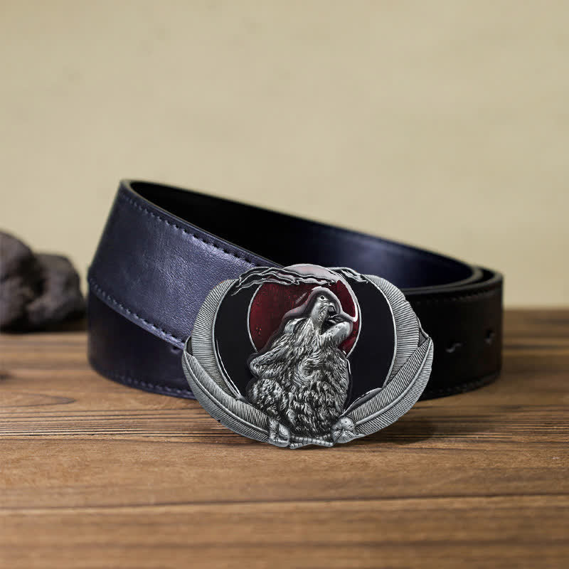 Herren DIY Heulender Wolf Mond Oval Schnalle Ledergürtel