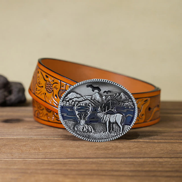 DIY-Ledergürtel mit Emaille-Wild Life-Hirschschnalle für Herren