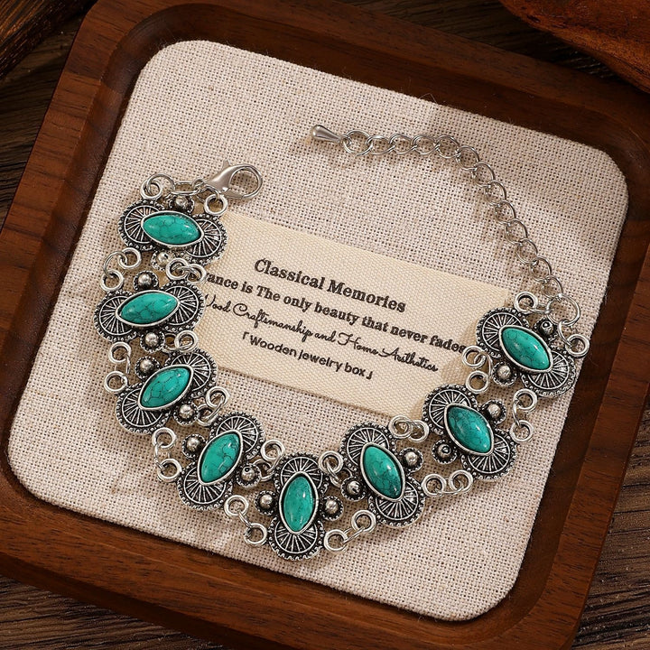 Vintage Boho Armband aus getürkisfarbenem, antiksilbernem, geschnitztem Gliederarmband im Marquise-Stil - Dunkelgrün - image 6