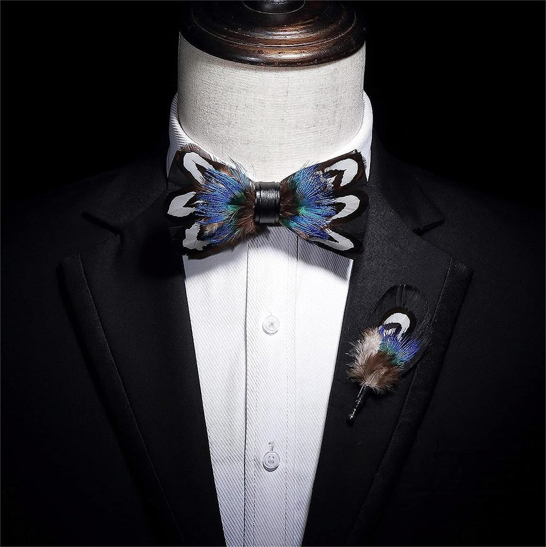 Blaue & Schwarze Edle Pfauenfeder Fliege mit Reversnadel