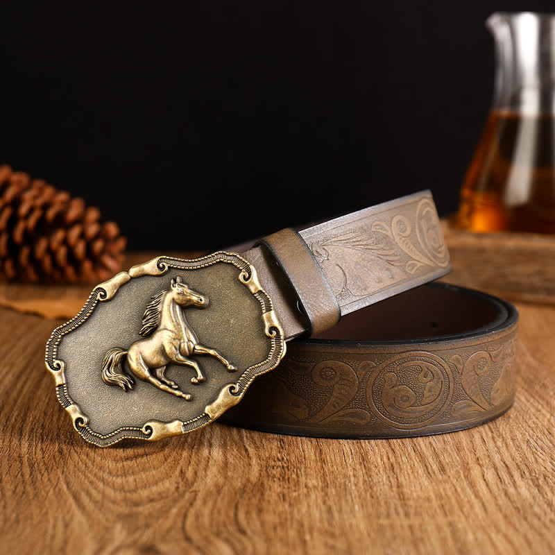 Schwarzer Leder-Gürtel für Herren mit silbernem Pferdemotiv - Stil Nr. 1 - 42 - image 0