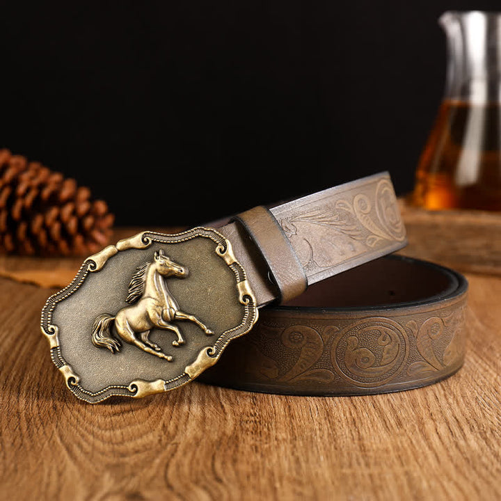 Schwarzer Leder-Gürtel für Herren mit silbernem Pferdemotiv - Stil Nr. 1 - 42 - image 0