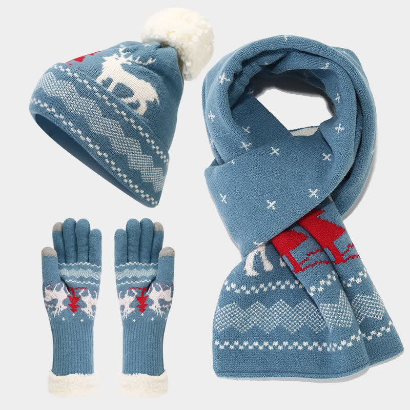 3-teiliger Set aus Mütze, Schal und Handschuhen mit Rentier- und Baum-Jacquardmuster für Damen