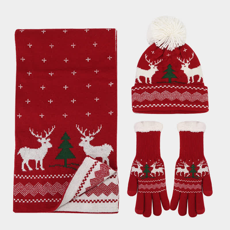 3-teiliger Set aus Mütze, Schal und Handschuhen mit Rentier- und Baum-Jacquardmuster für Damen