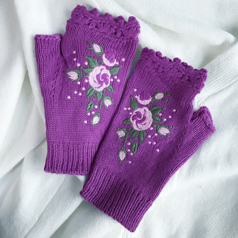 Damen Halbfinger-Strickhandschuhe mit Blumenstickerei