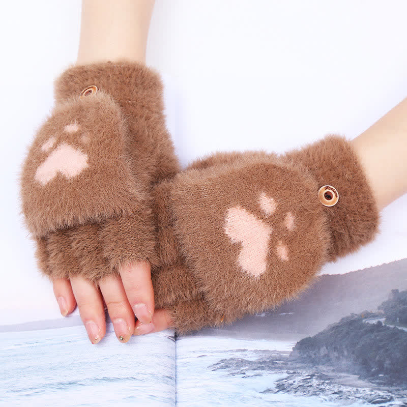 Damen Warme Katzenpfote Print Fäustlinge Flauschige Handschuhe