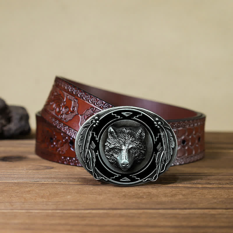 Herren DIY Lebendige Wolfskopf-Schnalle Ledergürtel