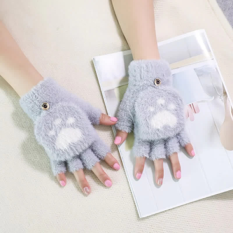 Warme flauschige Fausthandschuhe für Frauen mit Katzenpfotenmuster