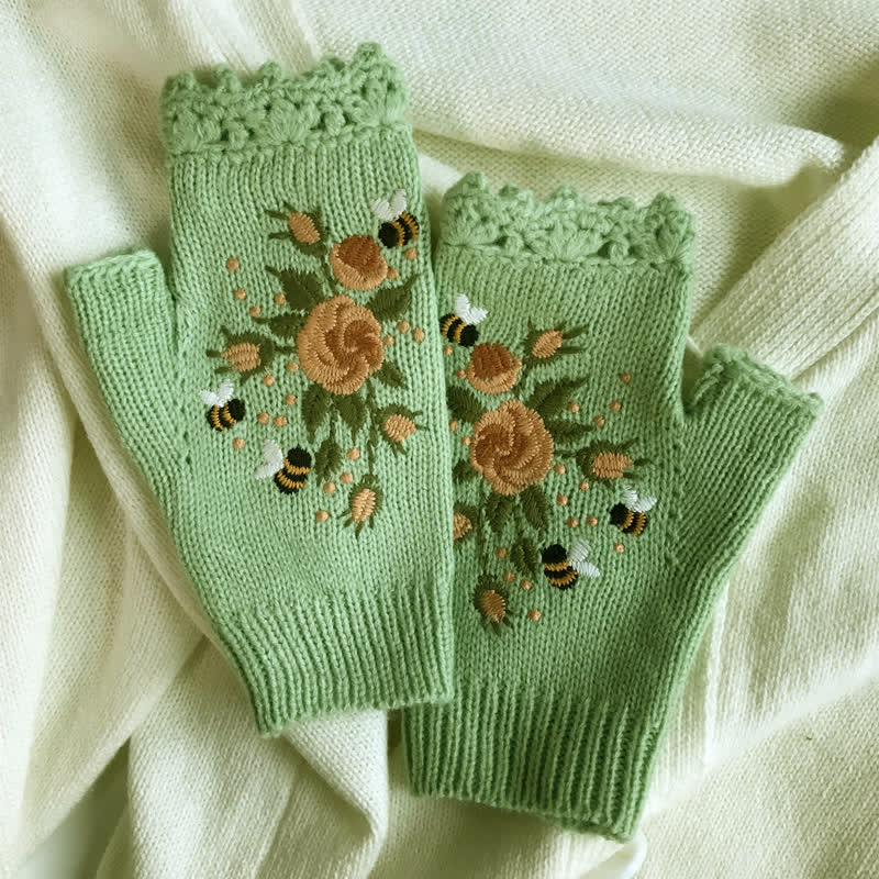 Damen Halbfinger-Strickhandschuhe mit Blumenstickerei