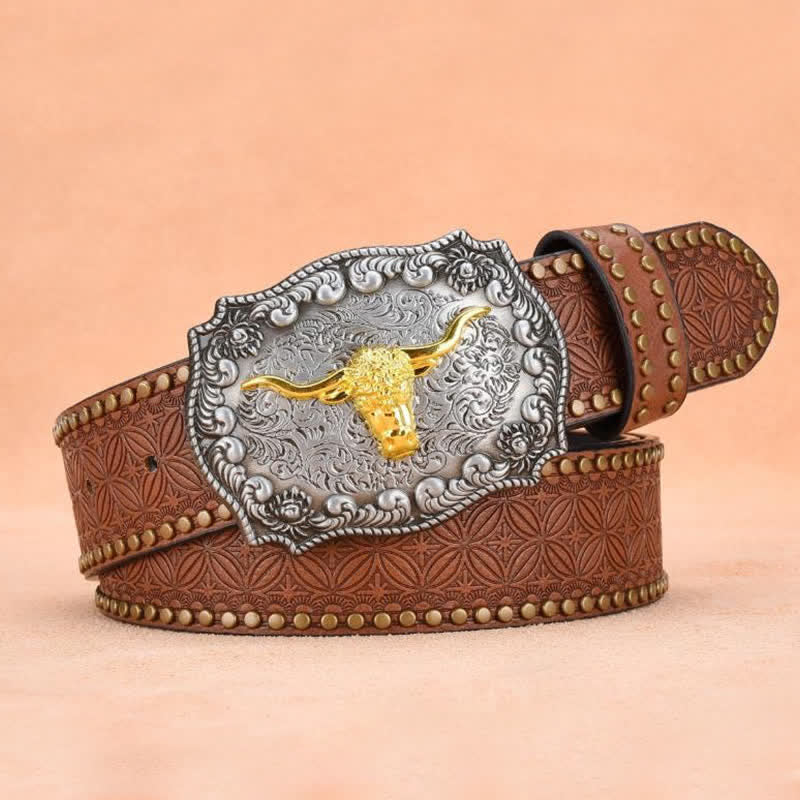 Herrengürtel aus goldenem Longhorn-Bullenleder mit Punknieten