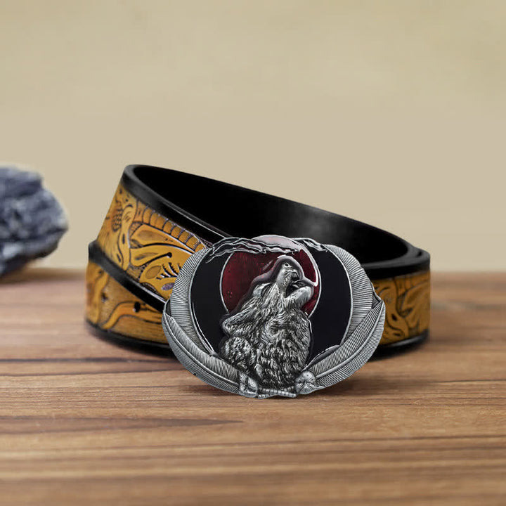 Herren DIY Heulender Wolf Mond Oval Schnalle Ledergürtel