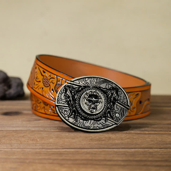 DIY-Ledergürtel für Herren mit drehbarem Totenkopf und verstecktem Klappmesser