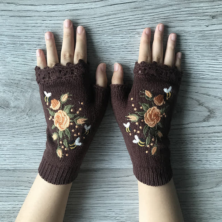 Damen Halbfinger-Strickhandschuhe mit Blumenstickerei