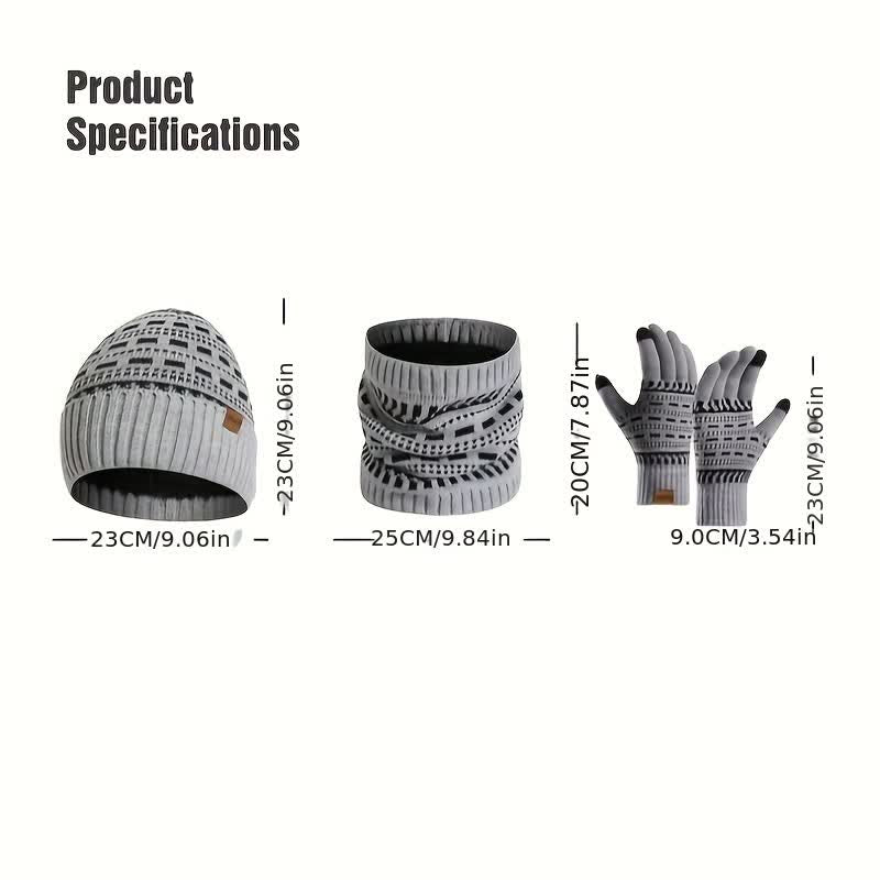 3-tlg. Set aus lockerer, doppellagiger Strickmütze, Schal und Handschuhen