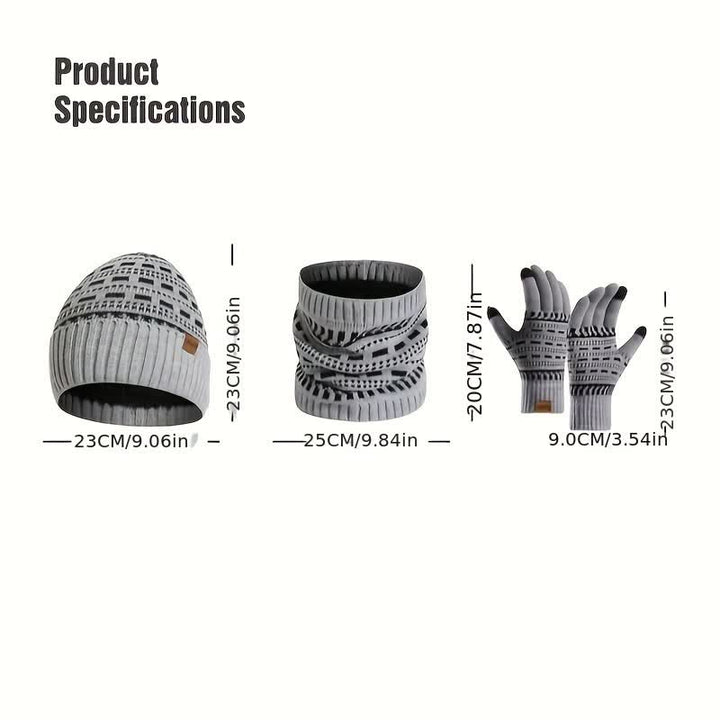 3-tlg. Set aus lockerer, doppellagiger Strickmütze, Schal und Handschuhen