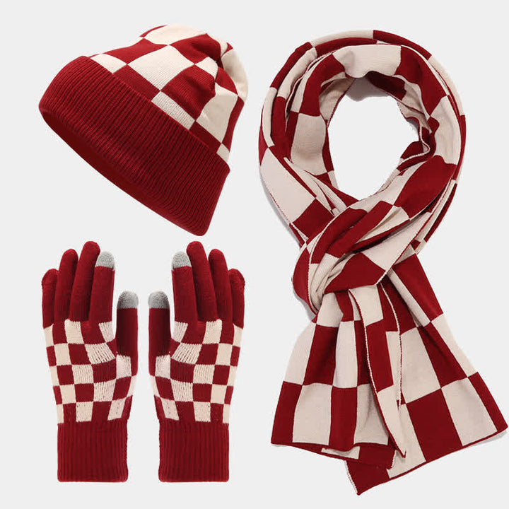3-teiliges Unisex-Schachbrettmuster Mützen-Schal-Handschuh-Set