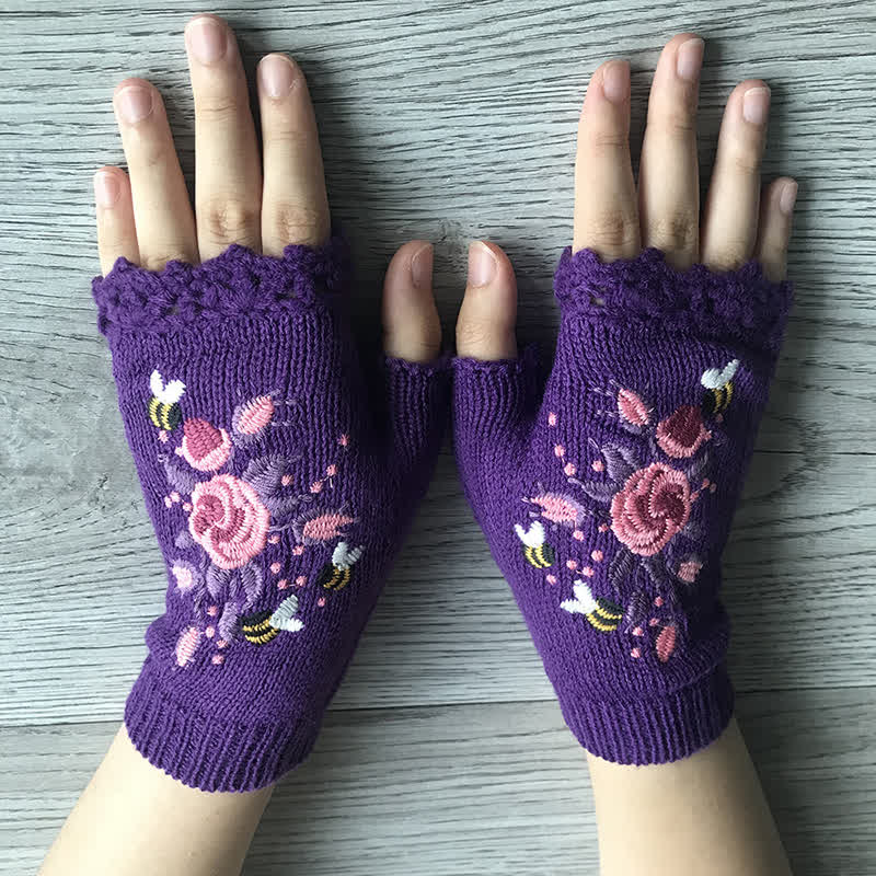Damen Halbfinger-Strickhandschuhe mit Blumenstickerei