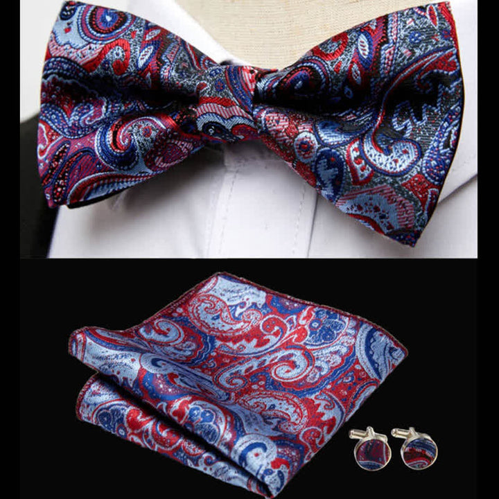 Luxuriöses 3-teiliges Paisley-Fliege-und-Einstecktuch-Set für Männer - Rot & Blau - image 0