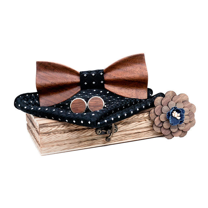 4er Set Herren Schwarz Walnuss Holz Fliege Set