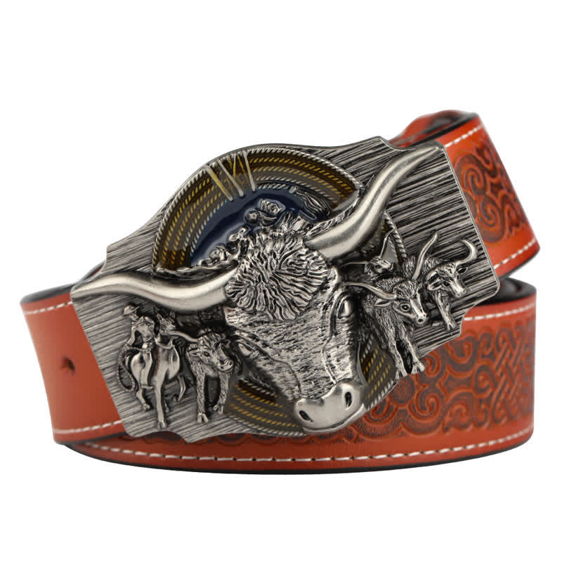Herrengürtel aus Leder mit Longhorn-Bull-Prägung - Orange / Silber - 46 - image 9