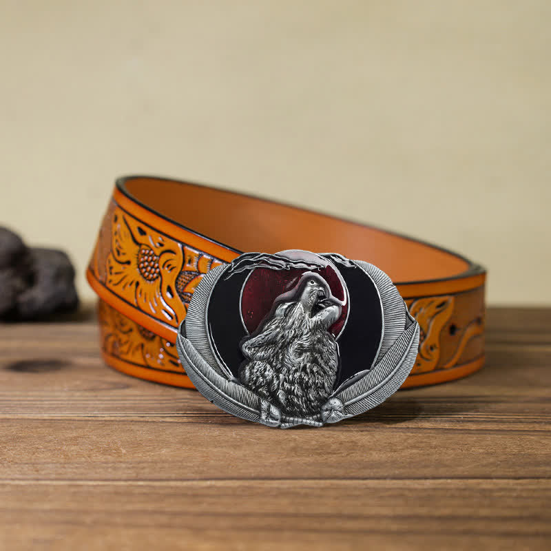 Herren DIY Heulender Wolf Mond Oval Schnalle Ledergürtel