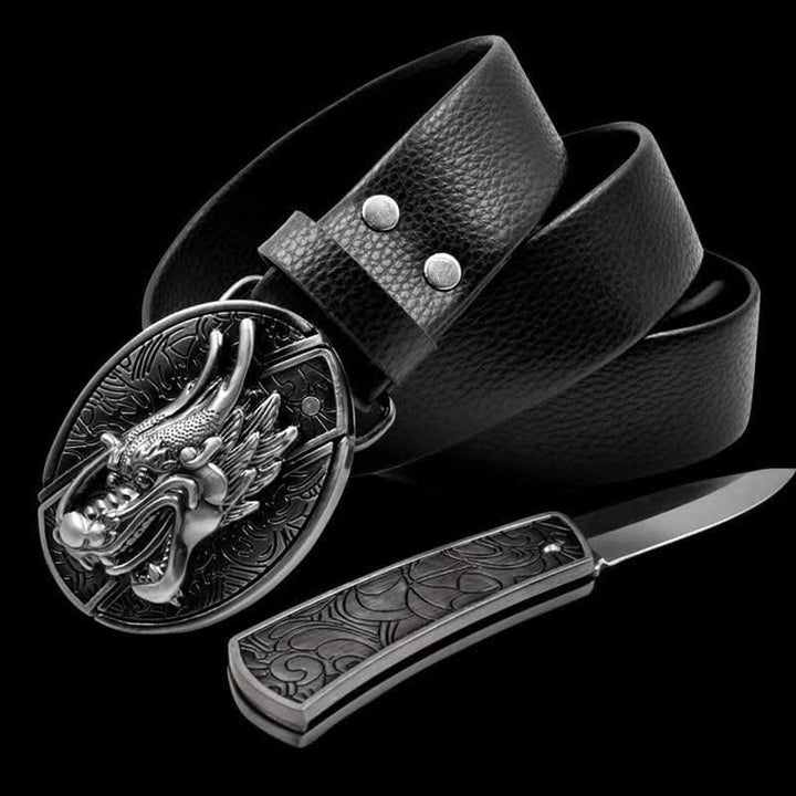 Herren Vintage 3D Drachen Ledergürtel mit Klappmesser