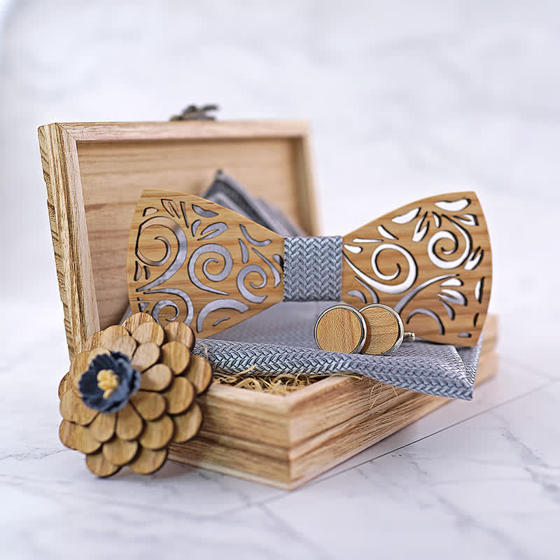 4er Set Herren Holzkrawatte im hohlen Blattdesign