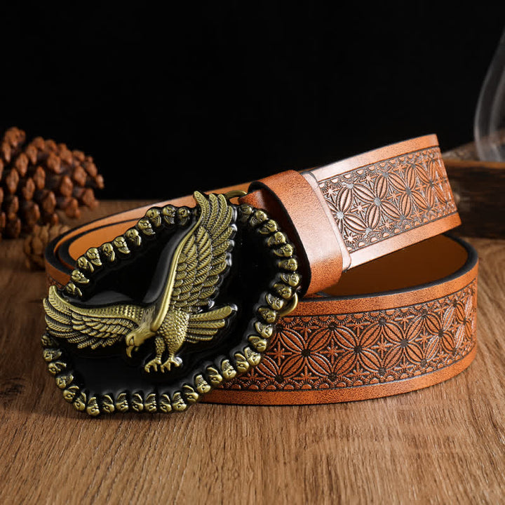Ledergürtel mit Antik-Gold-Adler-Motiv für Herren